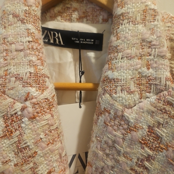 Zara Double Breasted Tweed Blazer Jacket Houndstooth  Siz LGold Buttons Two Fr - Picture 11 of 15